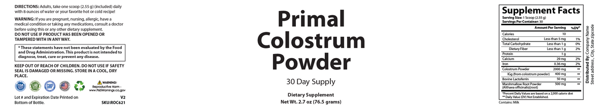 Primal Colostrum Powder 76.5g - officieel labelvoorbeeld [RT-OFFICIAL:ROC621:LABEL:v1:A08EF1EE035C]