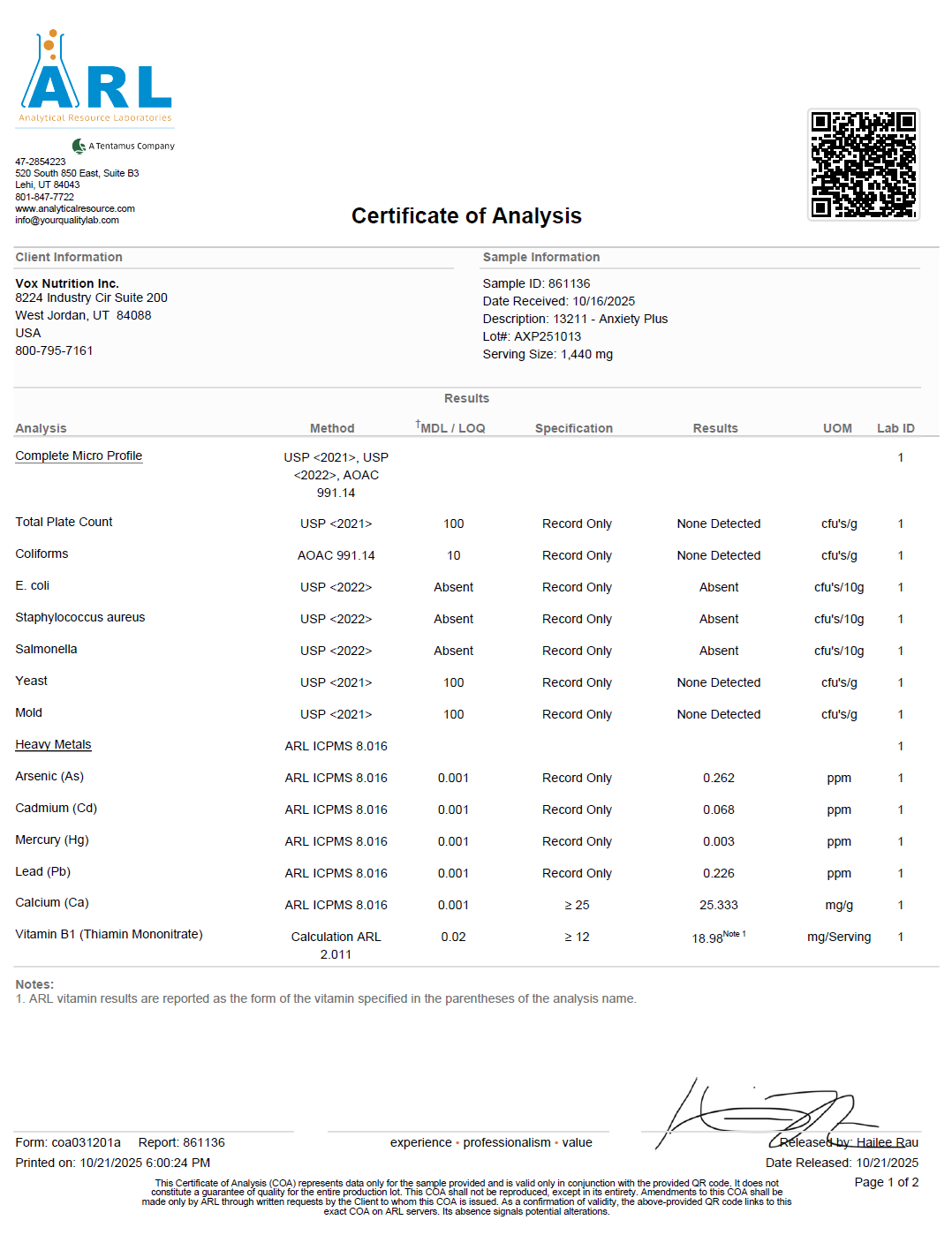 Anxiety Formula - officieel analysecertificaat (COA) [RT-OFFICIAL:ROC801:COA:v1:74900A4DBE08]