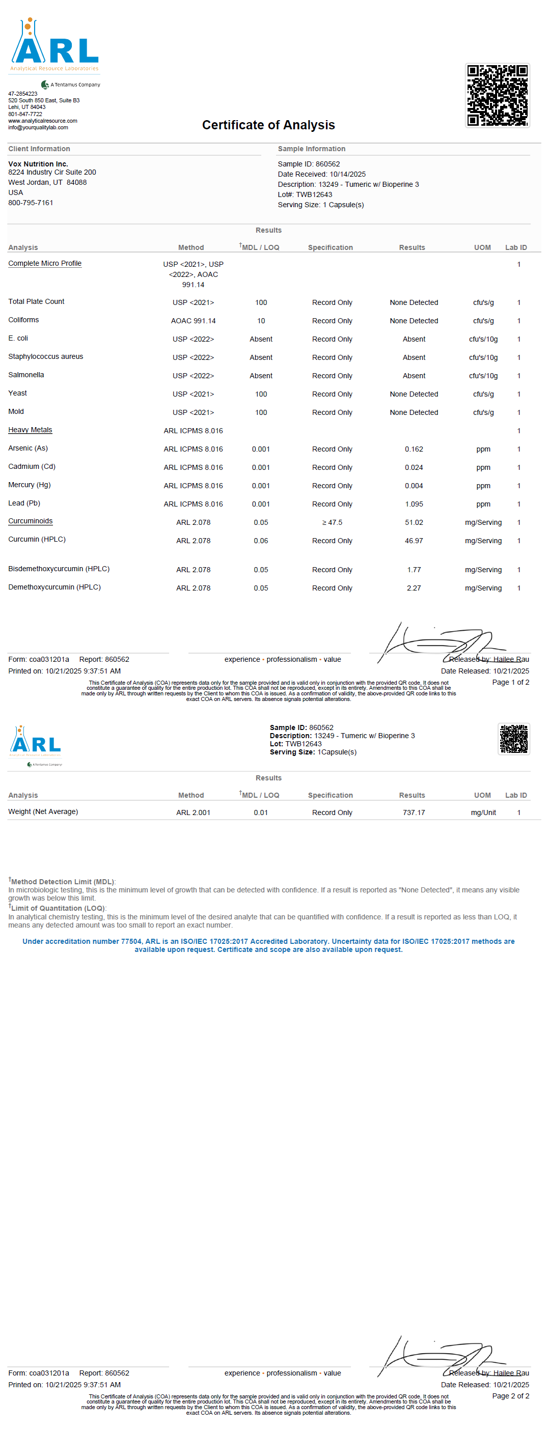 Turmeric w/BioPerine – 650mg - officieel analysecertificaat (COA) [RT-OFFICIAL:ROC818:COA:v1:A9843F96E63D]