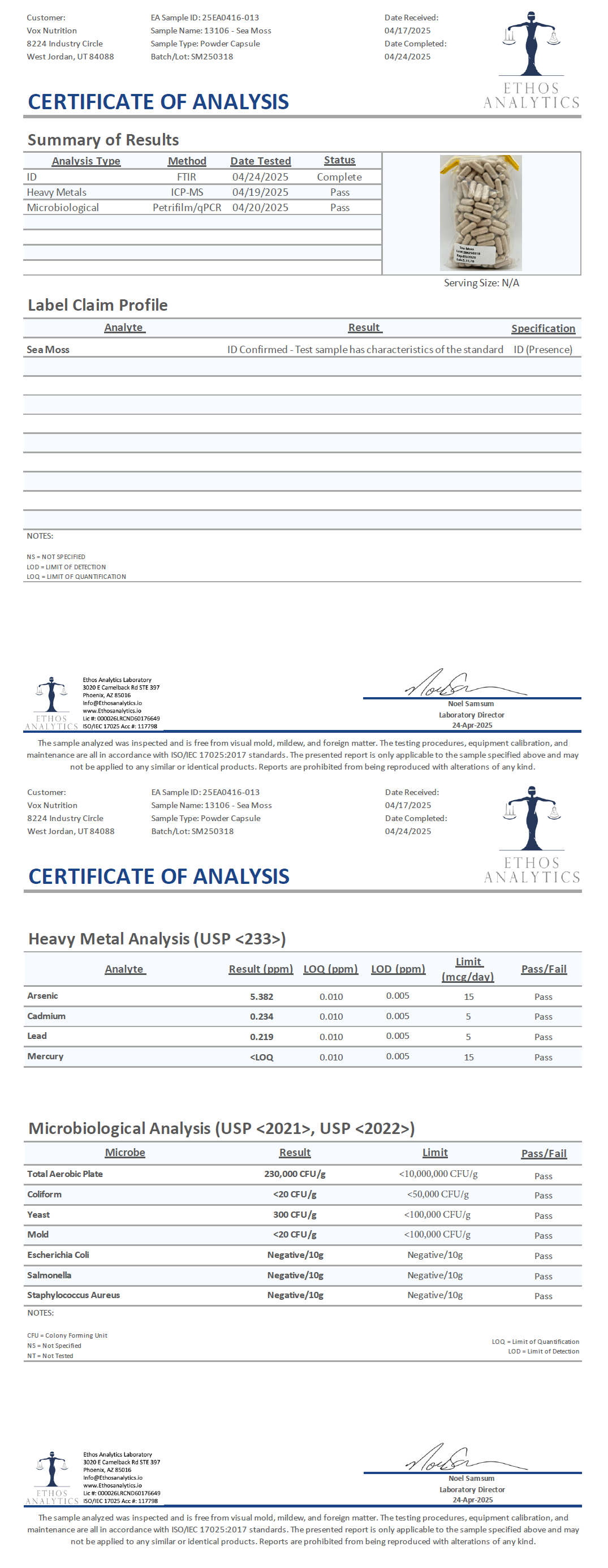 Sea Moss Capsules - officieel analysecertificaat (COA) [RT-OFFICIAL:ROC835:COA:v1:DA3C5ED1FA59]