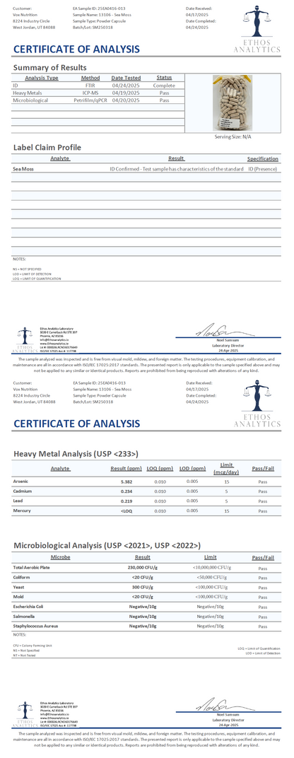 Sea Moss Capsules - officieel analysecertificaat (COA) [RT-OFFICIAL:ROC835:COA:v1:DA3C5ED1FA59]