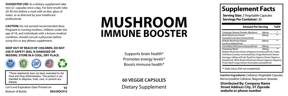 Mushroom Immune Booster Chaga, Cordyceps, Reishi and Lion’s Mane. - officieel labelvoorbeeld [RT-OFFICIAL:ROC915:LABEL:v1:9CD4954D85F9]