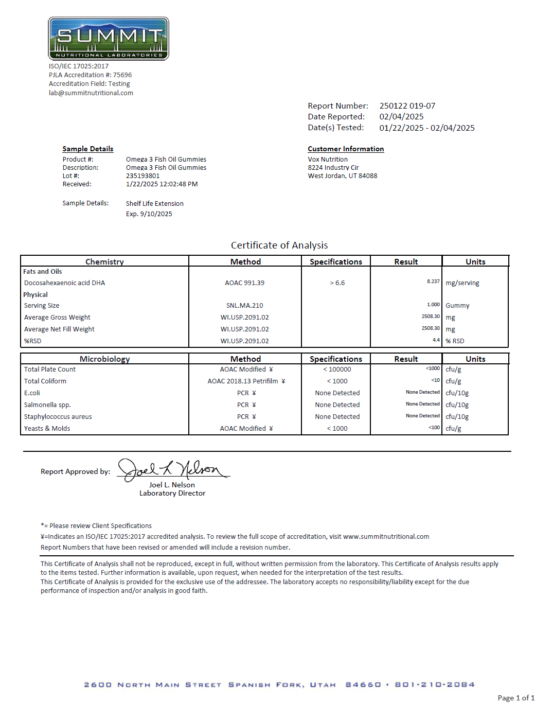 Private-label Omega 3 Gummies - officieel analysecertificaat (COA) [RT-OFFICIAL:ROC922:COA:v1:F6985B14BF8E]