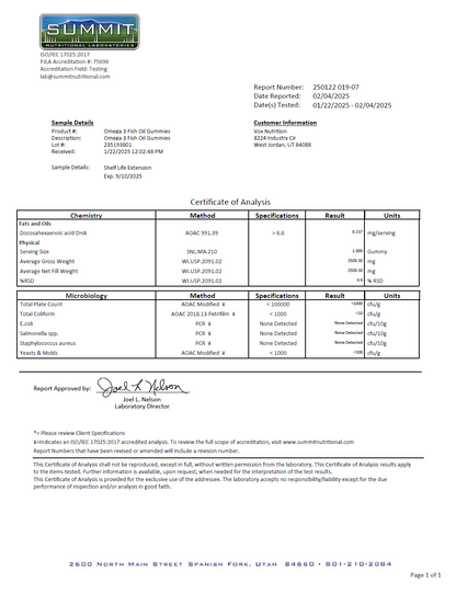 Private-label Omega 3 Gummies - officieel analysecertificaat (COA) [RT-OFFICIAL:ROC922:COA:v1:F6985B14BF8E]