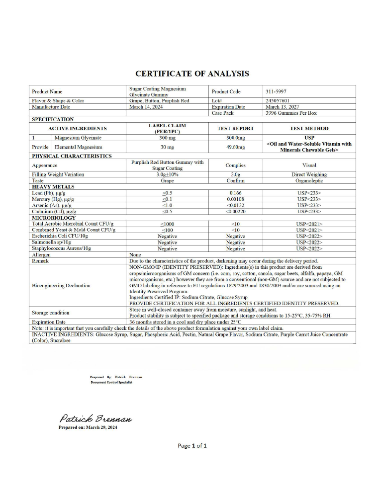 Private-label Magnesium Glycinate Gummies - officieel analysecertificaat (COA) [RT-OFFICIAL:ROC949:COA:v1:F51C2F455502]