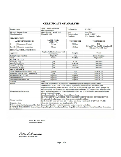Private-label Magnesium Glycinate Gummies - officieel analysecertificaat (COA) [RT-OFFICIAL:ROC949:COA:v1:F51C2F455502]