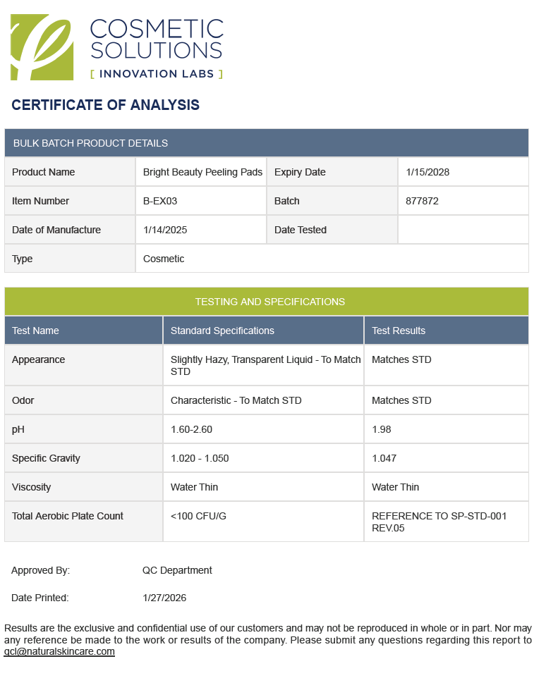 Brightening Boost Exfoliator Pads - officieel analysecertificaat (COA) [RT-OFFICIAL:ROC980:COA:v1:63D4DADFCA3E]