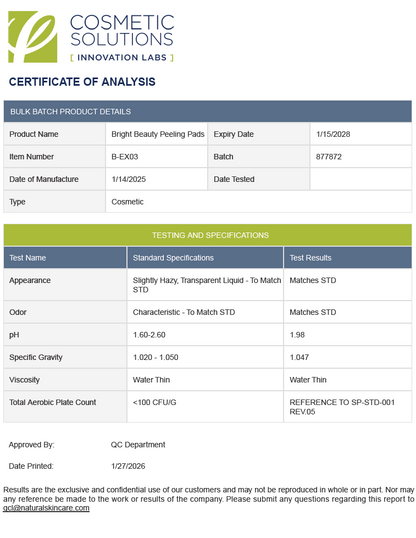 Brightening Boost Exfoliator Pads - officieel analysecertificaat (COA) [RT-OFFICIAL:ROC980:COA:v1:63D4DADFCA3E]