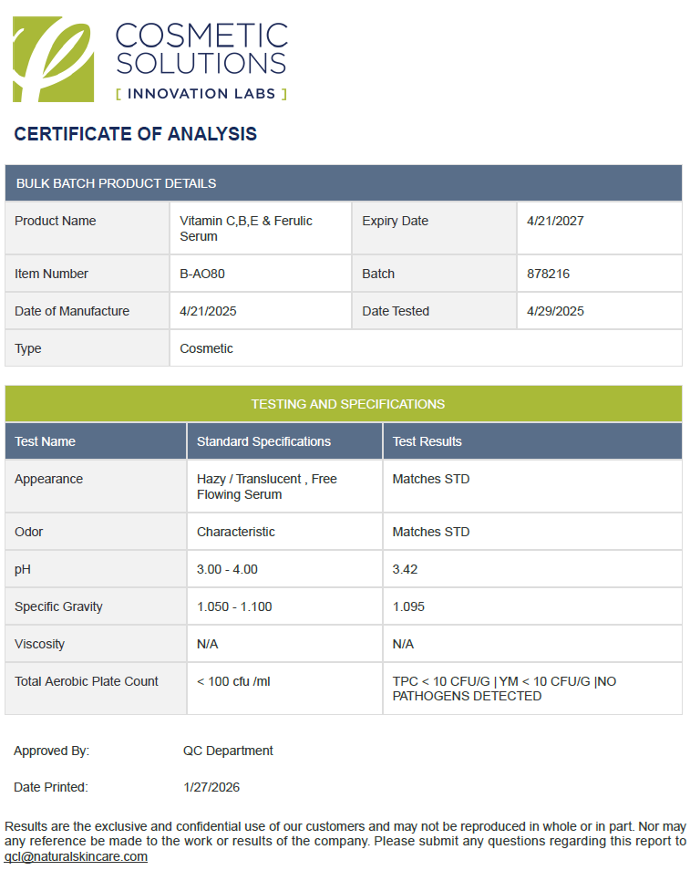 Vitamin C, B, E + Ferulic Antioxidant Serum, USA Made - officieel analysecertificaat (COA) [RT-OFFICIAL:ROC981:COA:v1:904EC10B13BA]