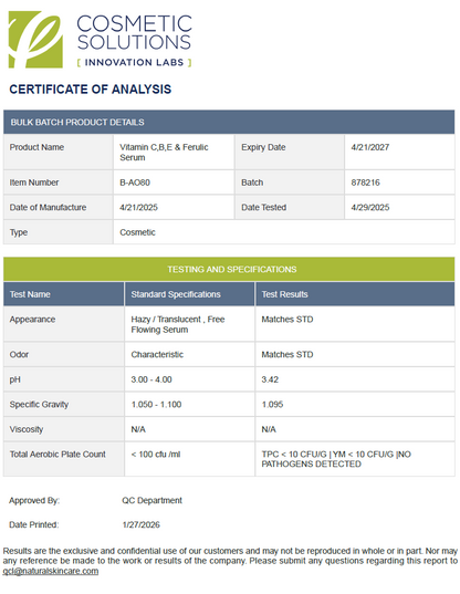Vitamin C, B, E + Ferulic Antioxidant Serum, USA Made - officieel analysecertificaat (COA) [RT-OFFICIAL:ROC981:COA:v1:904EC10B13BA]