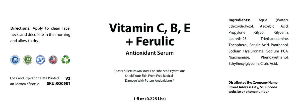 Vitamin C, B, E + Ferulic Antioxidant Serum, USA Made - officieel labelvoorbeeld [RT-OFFICIAL:ROC981:LABEL:v1:90732D7C3B25]