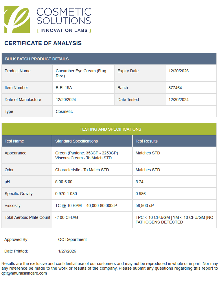 Firming Cucumber Eye Cream w/Bakuchiol, USA Made, Clean & Vegan - officieel analysecertificaat (COA) [RT-OFFICIAL:ROC982:COA:v1:4794F000D4B7]