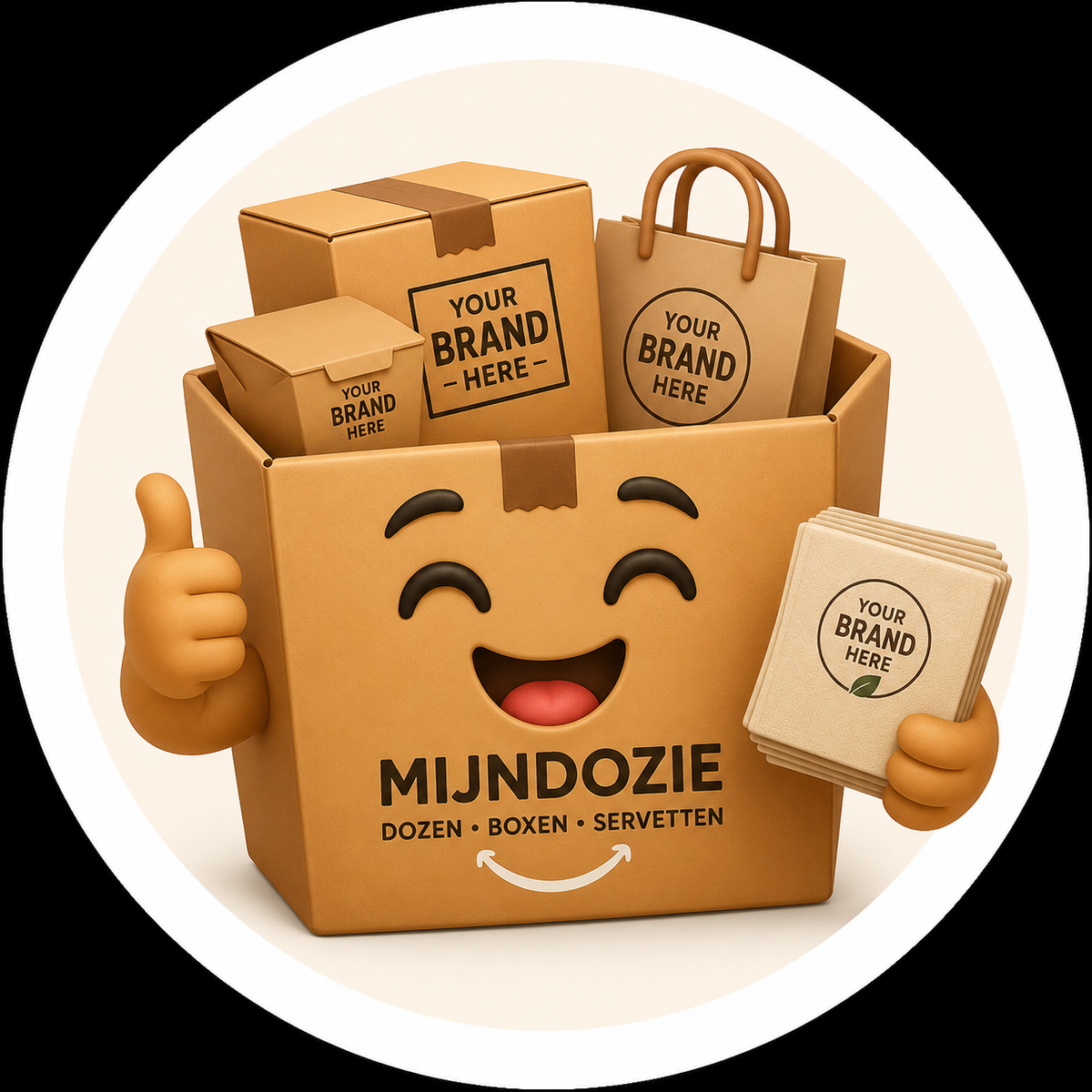 MijnDozie-mascotte, een vrolijke doos met bedrukte verpakkingen en servetten.
